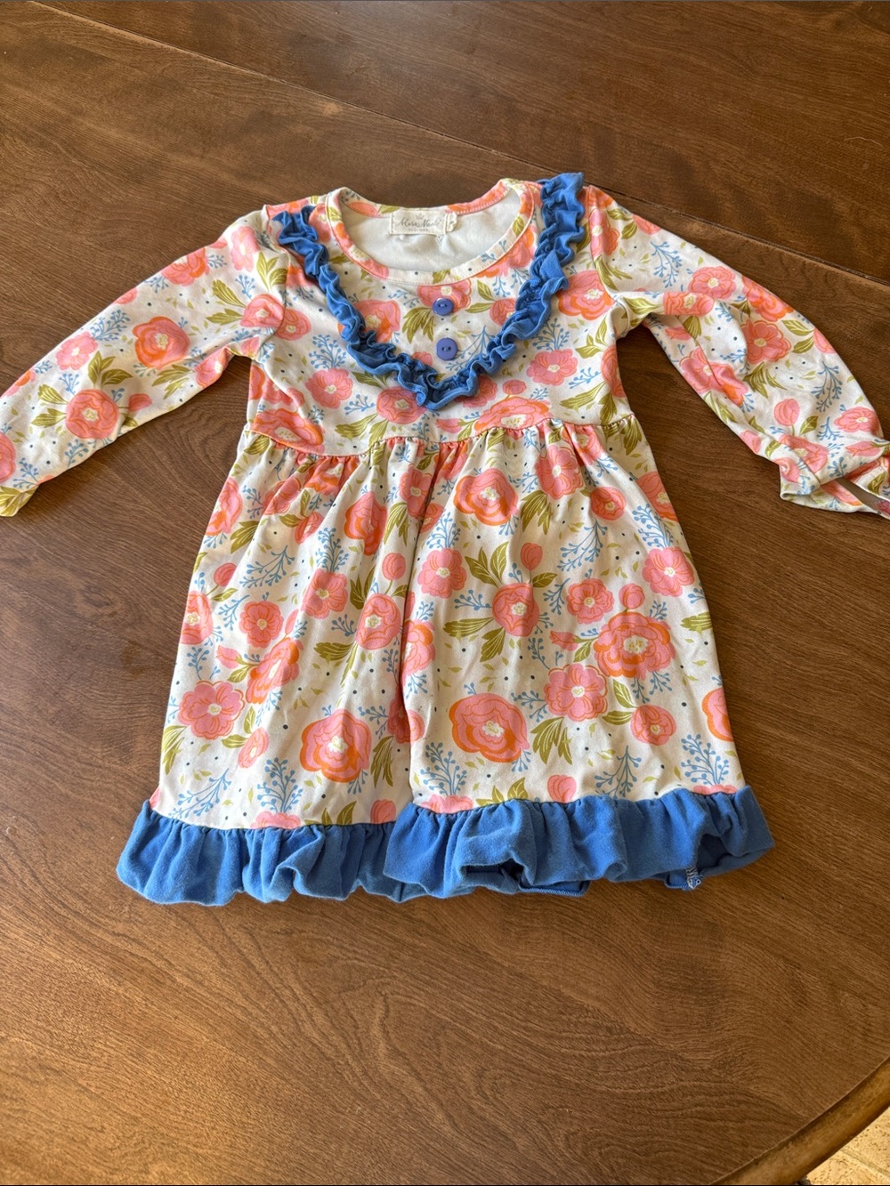 Girls Floral Ruffle Dress with Blue Trim - Coral Floral